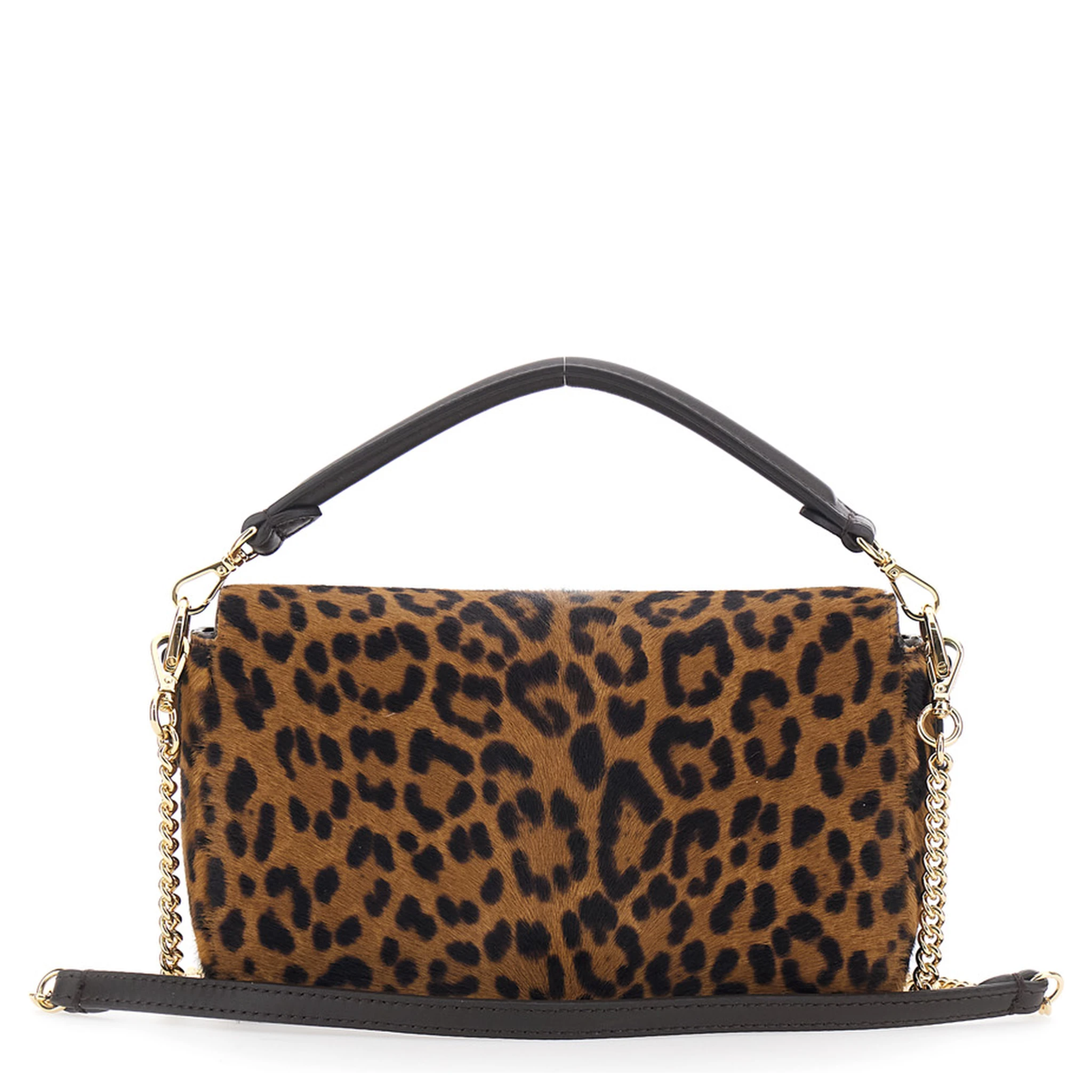Baguette Brown Handbag with Removable Chain Shoulder Strap and All-Over Leopard Motif in Leather Woman