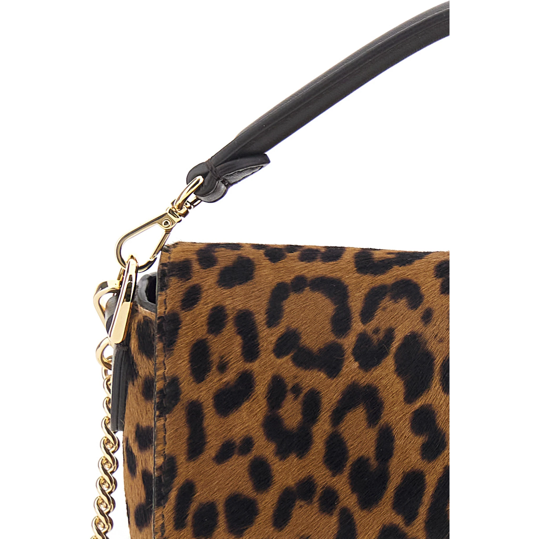 Baguette Brown Handbag with Removable Chain Shoulder Strap and All-Over Leopard Motif in Leather Woman