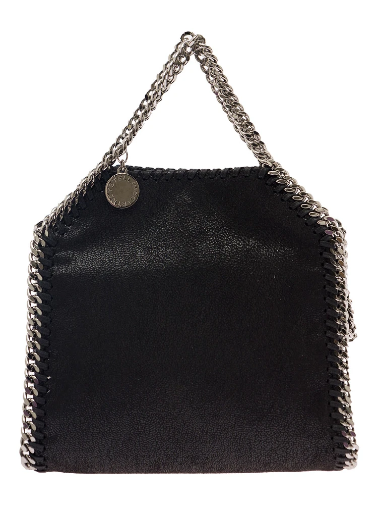 3Chain Mini Black Tote Bag with Logo Engraved on Charm in Vegan Leather Woman