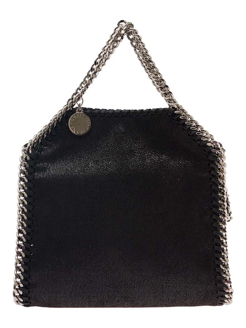 3Chain Mini Black Tote Bag with Logo Engraved on Charm in Vegan Leather Woman