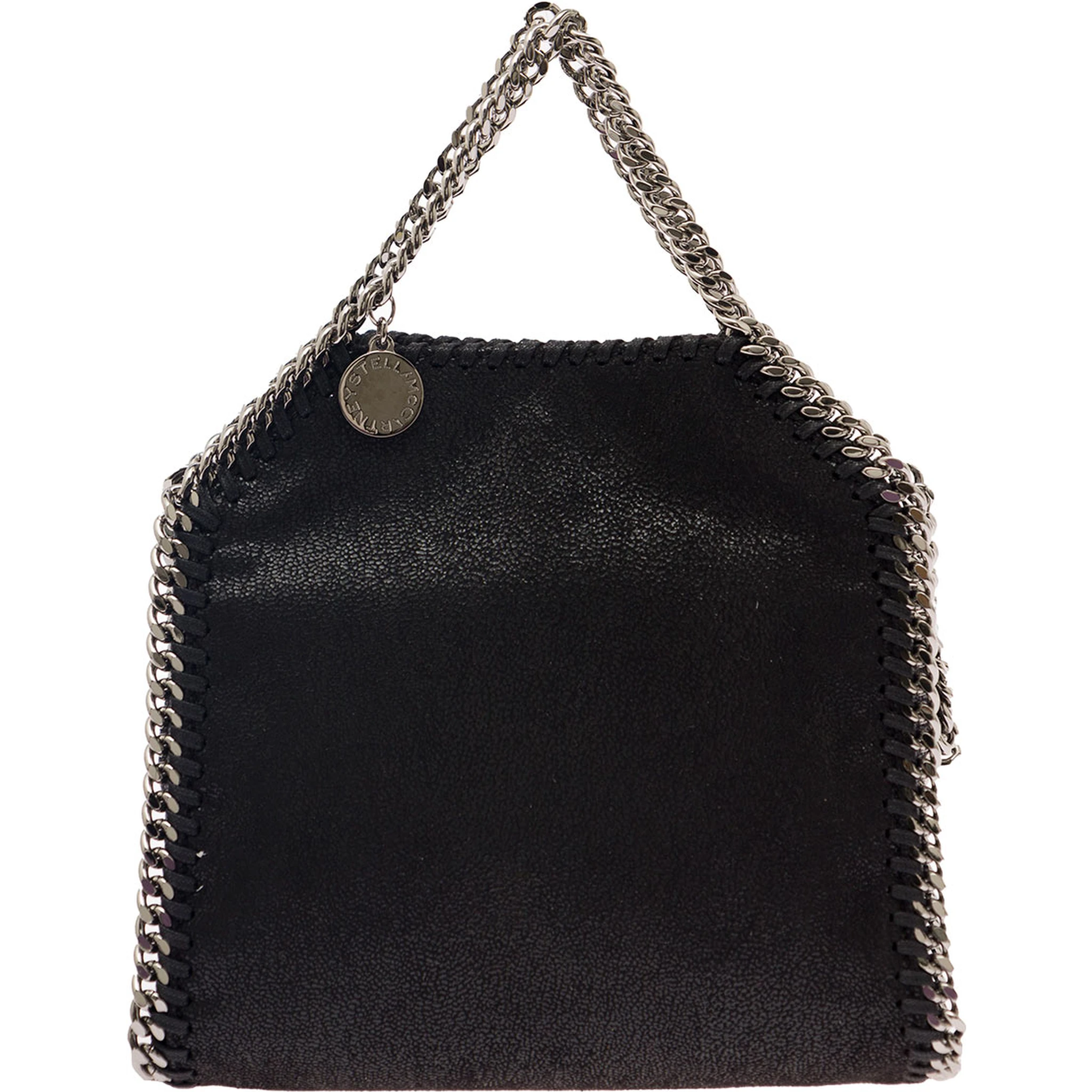 3Chain Mini Black Tote Bag with Logo Engraved on Charm in Vegan Leather Woman