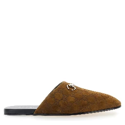 Brown Mule with Horsebit on the Front and All-Over GG Motif in Suede Man