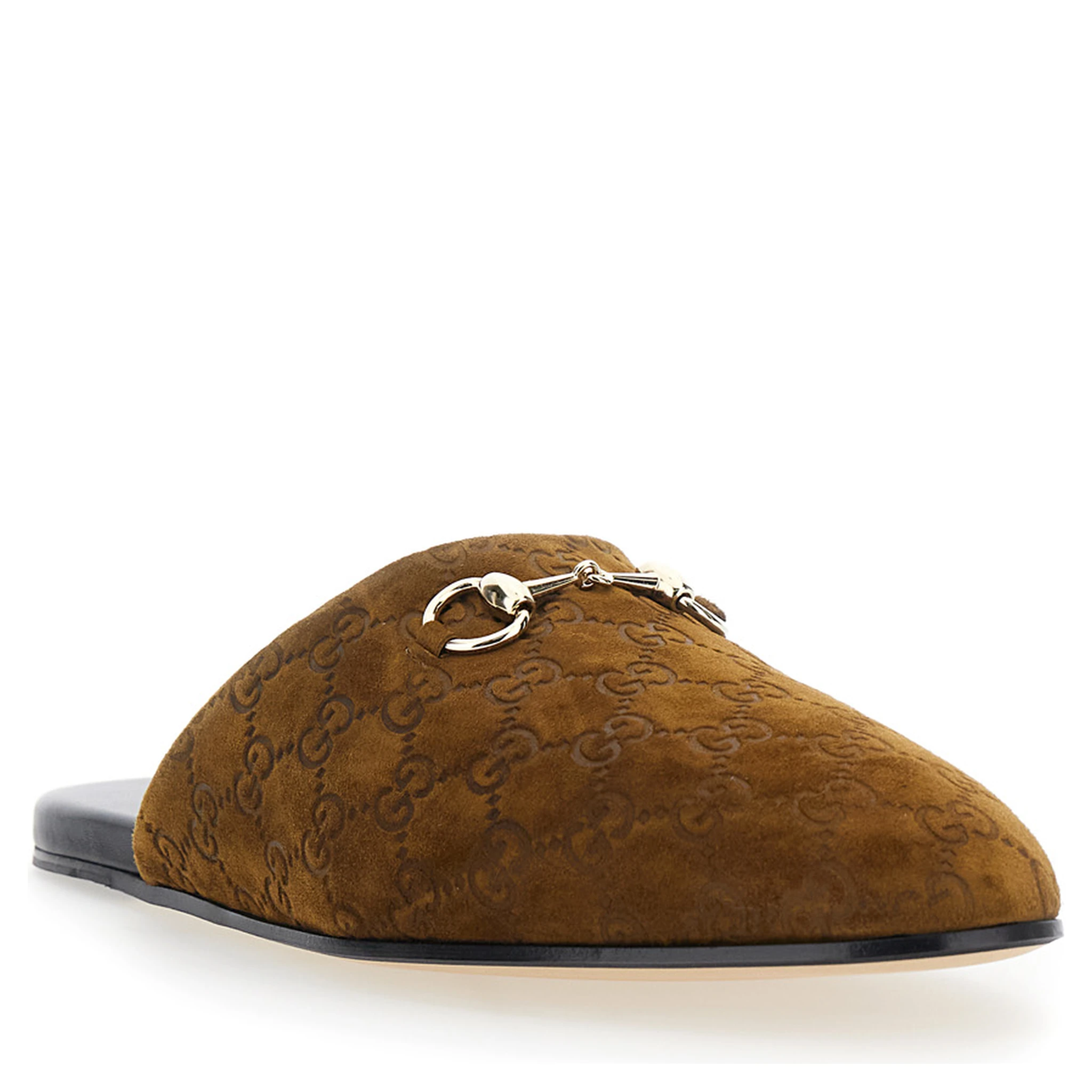 Brown Mule with Horsebit on the Front and All-Over GG Motif in Suede Man