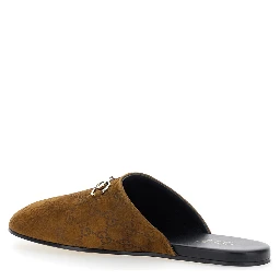 Brown Mule with Horsebit on the Front and All-Over GG Motif in Suede Man