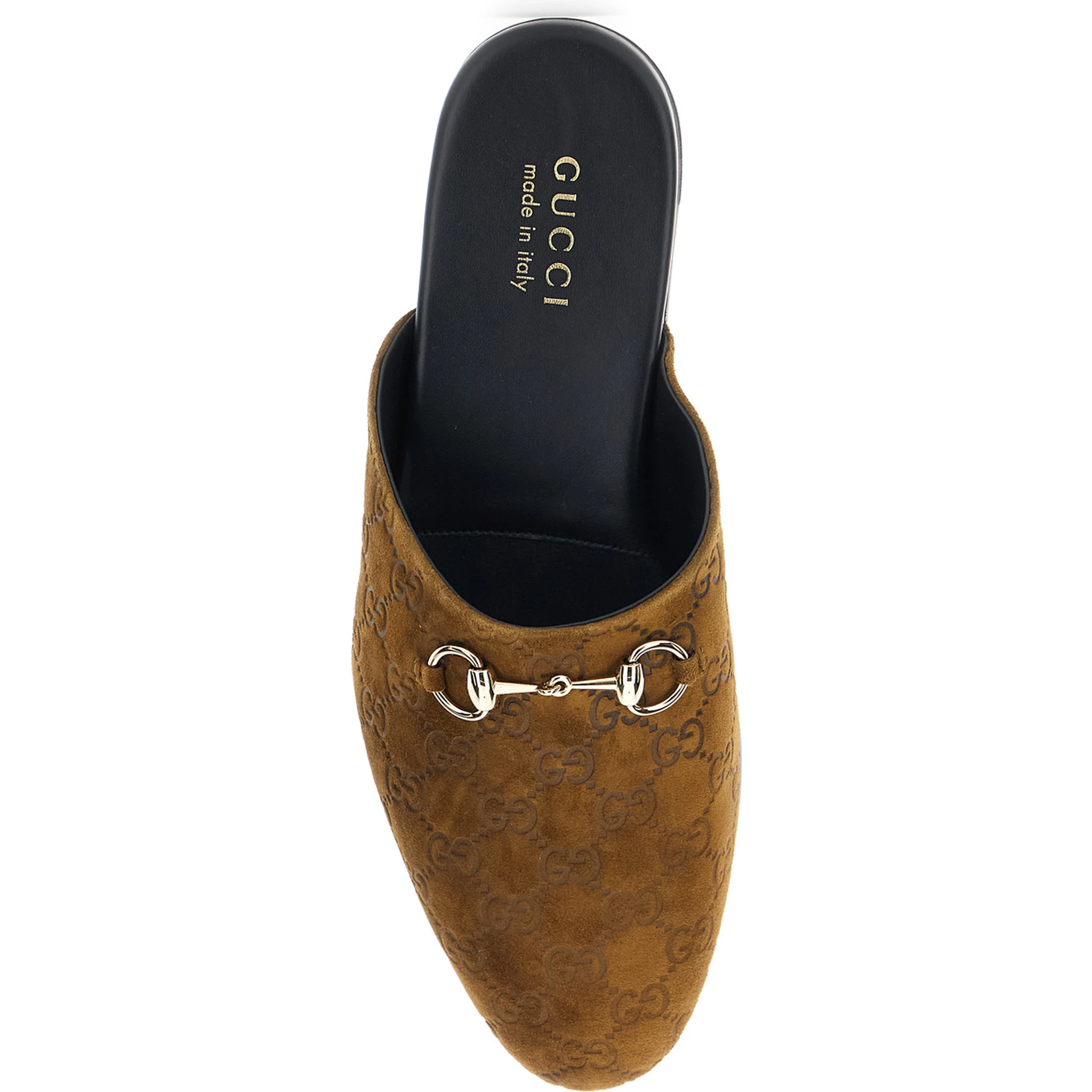 Brown Mule with Horsebit on the Front and All-Over GG Motif in Suede Man
