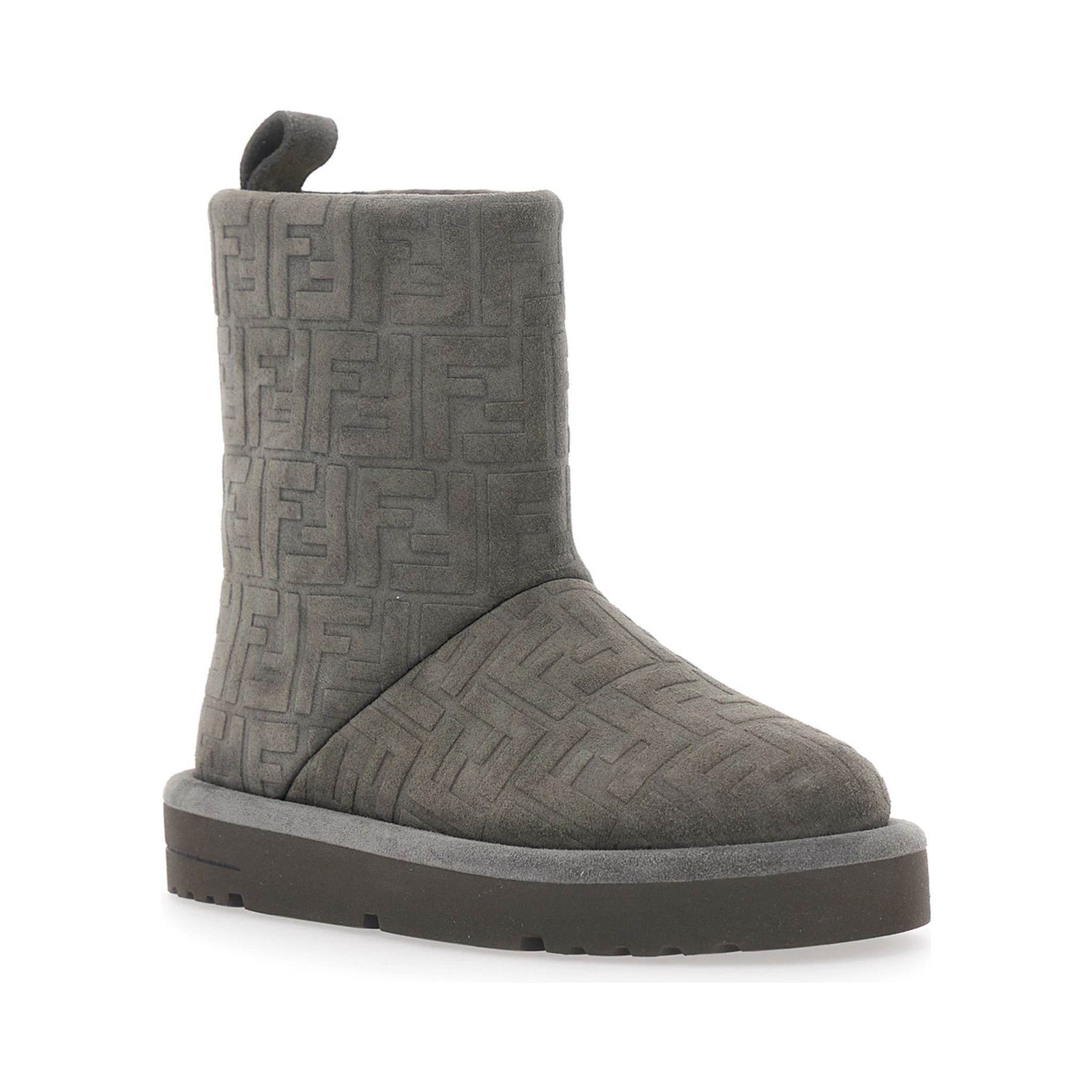 Grey Ankle Boots with Logo Lettering on the Rear and All-Over FF Motif in Suede Woman