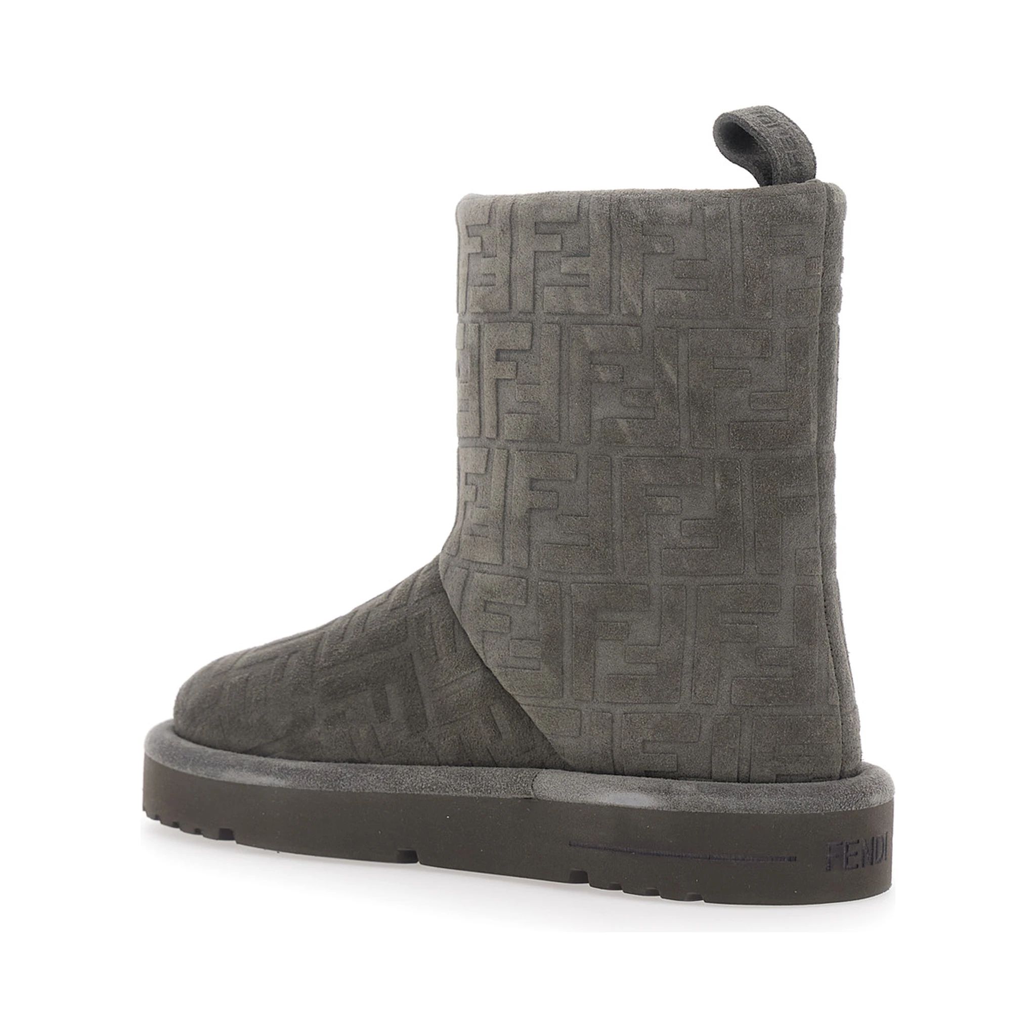 Grey Ankle Boots with Logo Lettering on the Rear and All-Over FF Motif in Suede Woman