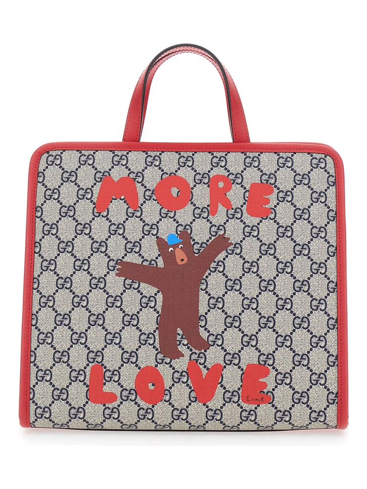 Beige Handbag with All Over GG Motif and Front Print in Fabric Girl