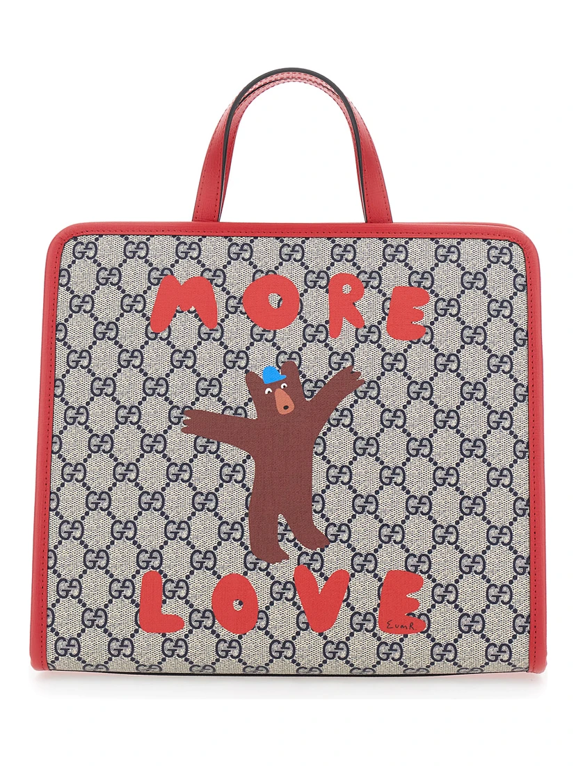 Beige Handbag with All Over GG Motif and Front Print in Fabric Girl