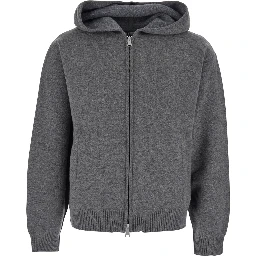 Grey Sweatshirt with Hood and Front Zip Closure in Wool and Cashmere Man
