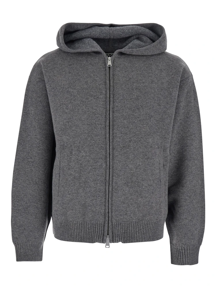 Grey Sweatshirt with Hood and Front Zip Closure in Wool and Cashmere Man