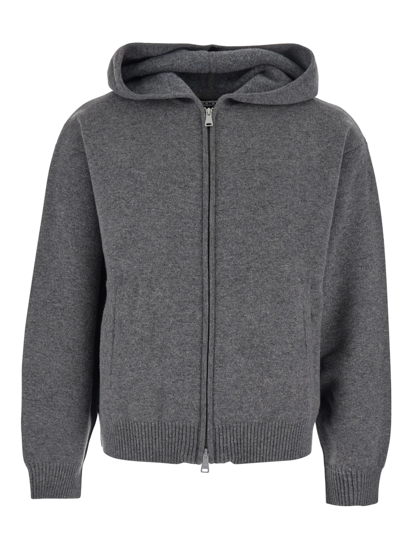 Grey Sweatshirt with Hood and Front Zip Closure in Wool and Cashmere Man
