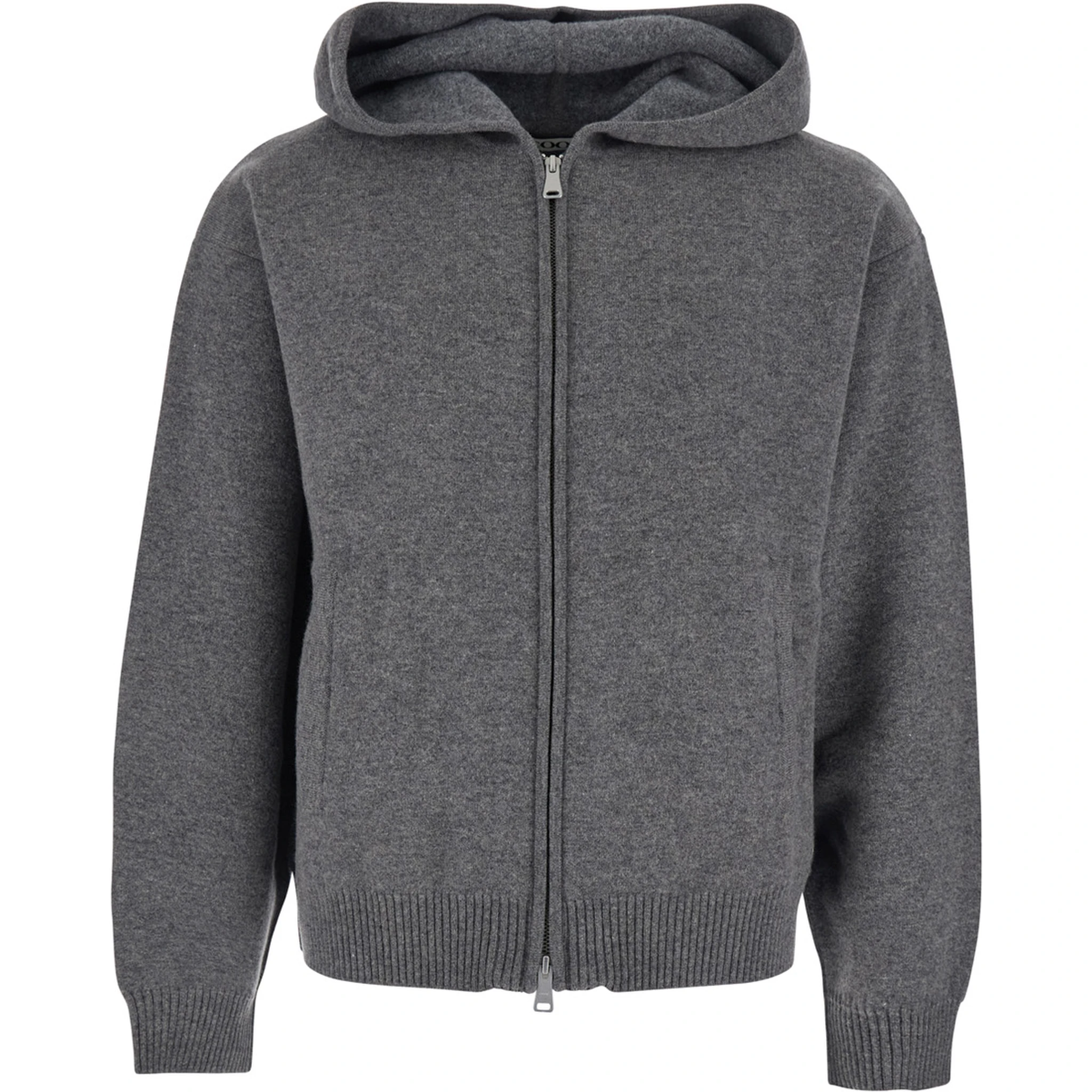Grey Sweatshirt with Hood and Front Zip Closure in Wool and Cashmere Man