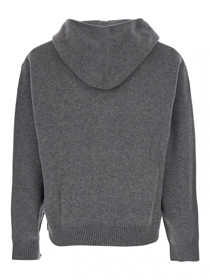 Grey Sweatshirt with Hood and Front Zip Closure in Wool and Cashmere Man
