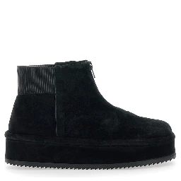 Black Ankle Boots with Front Zip Closure and Ribbed Trims in Suede Woman