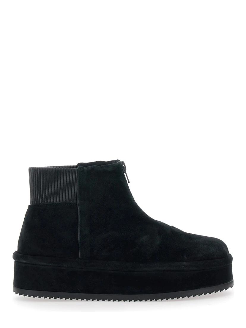 Black Ankle Boots with Front Zip Closure and Ribbed Trims in Suede Woman