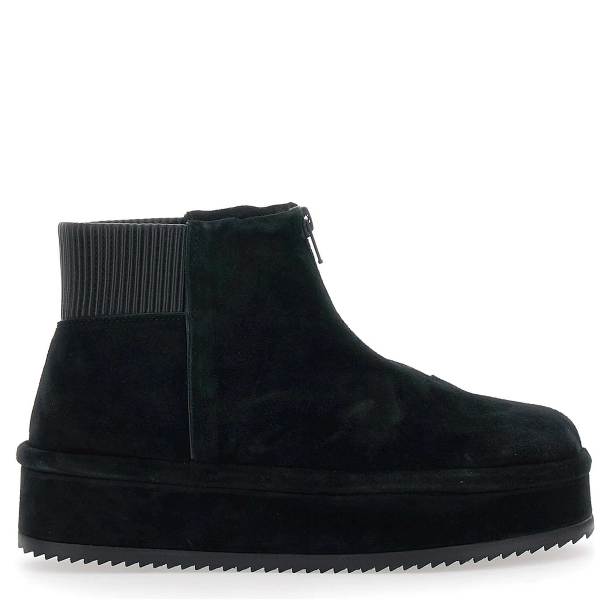 Black Ankle Boots with Front Zip Closure and Ribbed Trims in Suede Woman