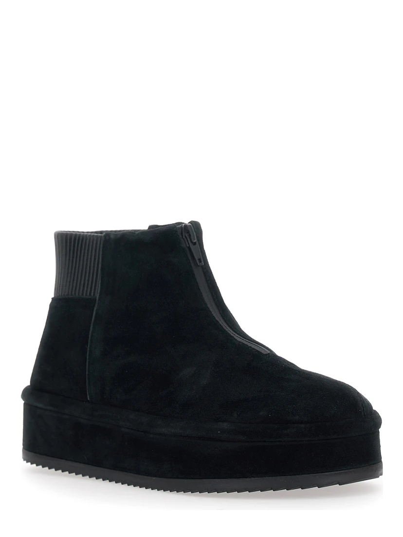 Black Ankle Boots with Front Zip Closure and Ribbed Trims in Suede Woman