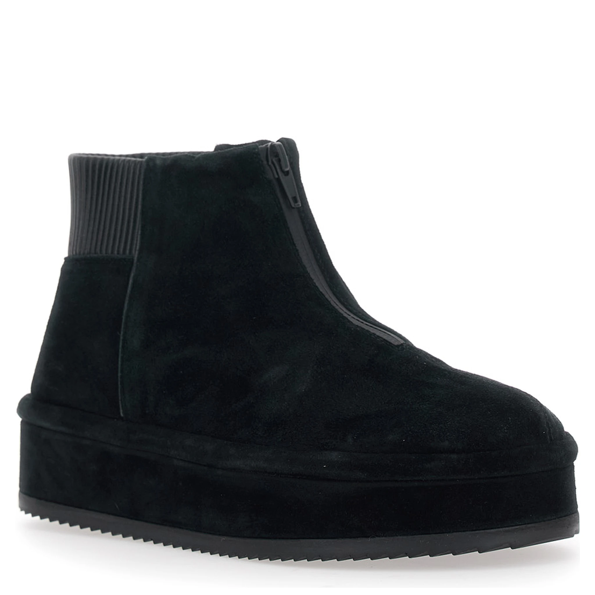 Black Ankle Boots with Front Zip Closure and Ribbed Trims in Suede Woman