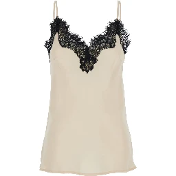 Coco Pearl White Camie Top with Black Lace Trim in Silk Woman