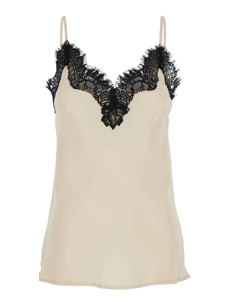 Coco Pearl White Camie Top with Black Lace Trim in Silk Woman