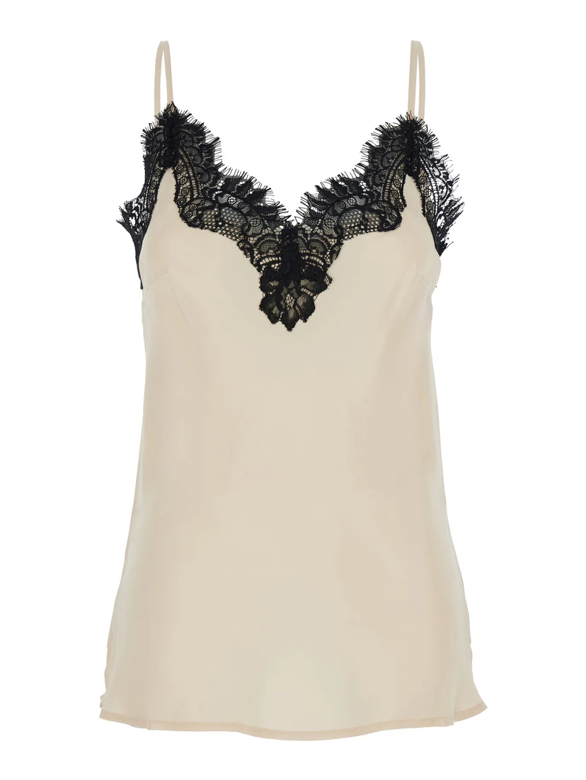 Coco Pearl White Camie Top with Black Lace Trim in Silk Woman