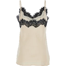 Coco Pearl White Camie Top with Black Lace Trim in Silk Woman