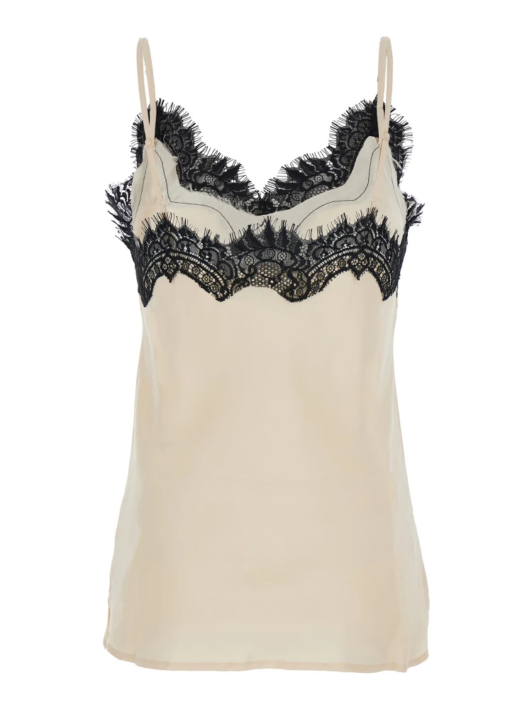 Coco Pearl White Camie Top with Black Lace Trim in Silk Woman alternative