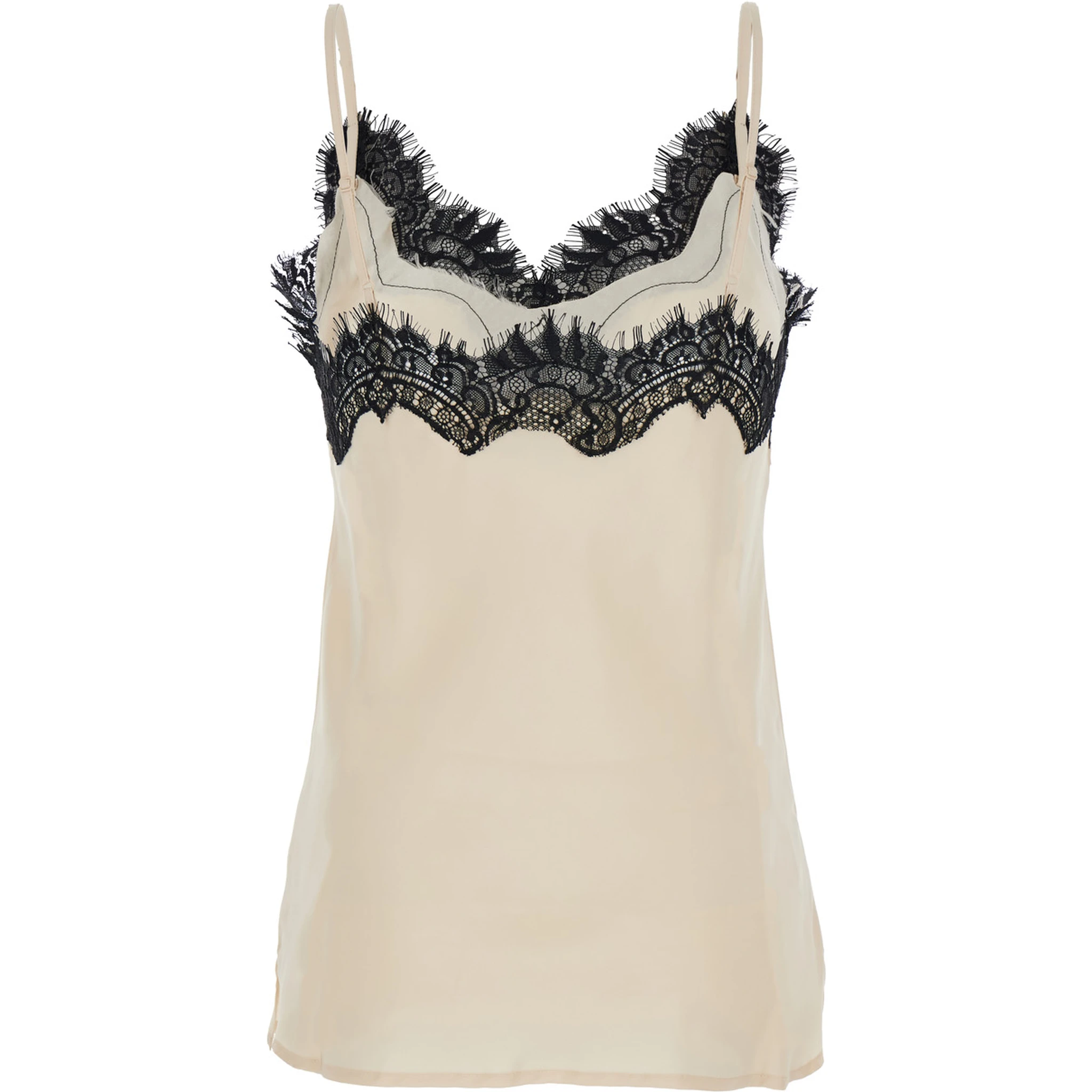 Coco Pearl White Camie Top with Black Lace Trim in Silk Woman