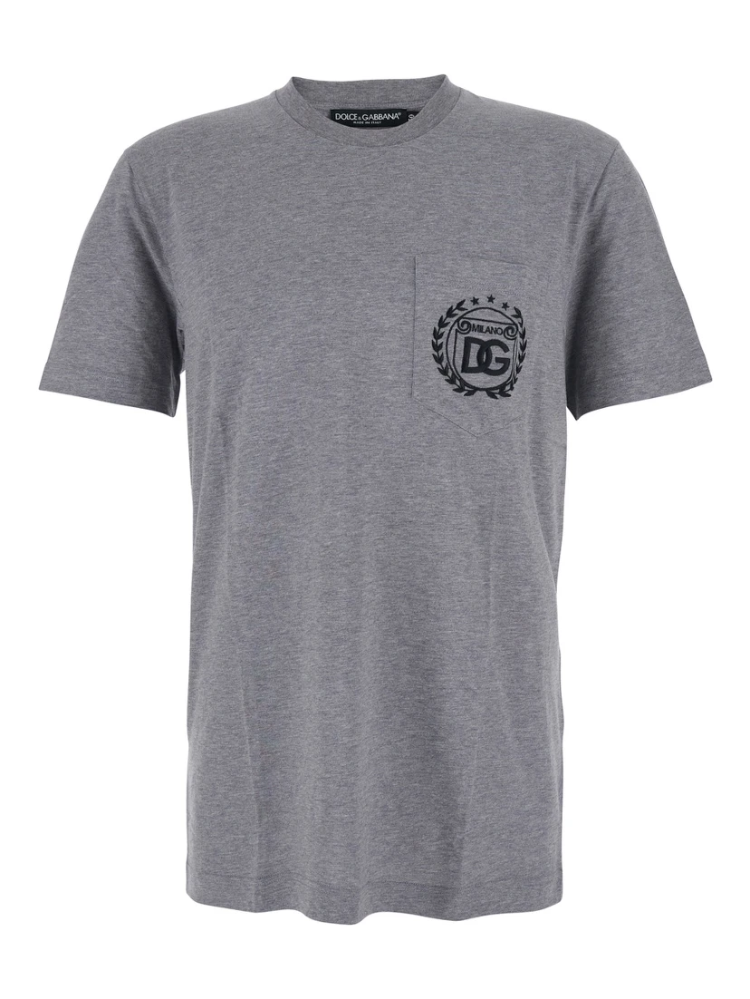Grey Crewneck T-Shirt with Logo Embroidery on the Front in Cotton Man