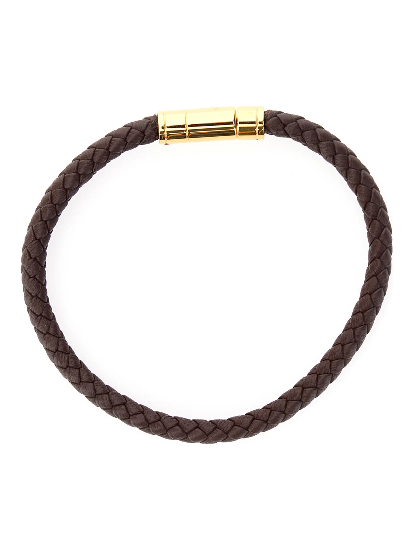 Brown Bracelet with Engraved Logo Lettering in Braided Leather Man
