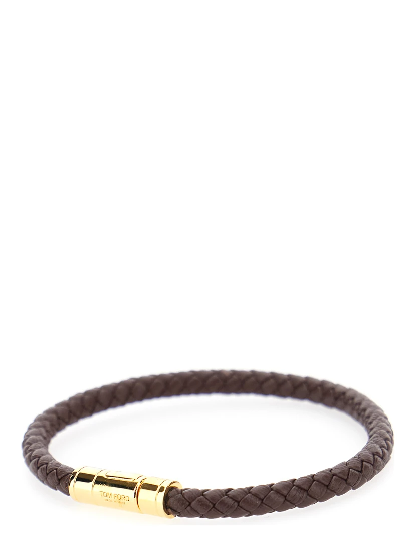 Brown Bracelet with Engraved Logo Lettering in Braided Leather Man
