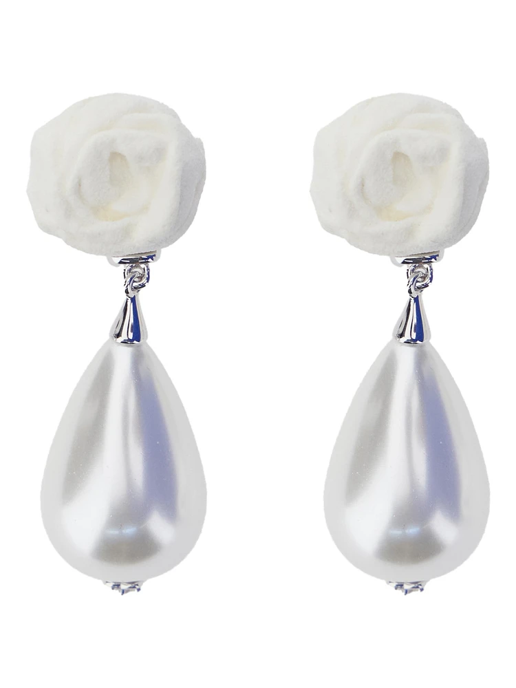 Silver-Colored Earrings with Floral Design and Beaded Pendants in Brass Blend Woman