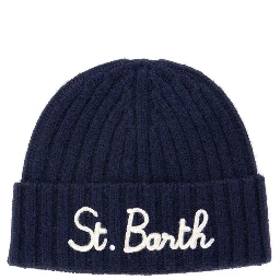 Blue Ribbed Beanie with Embroidered Logo on the Front in Wool Boy