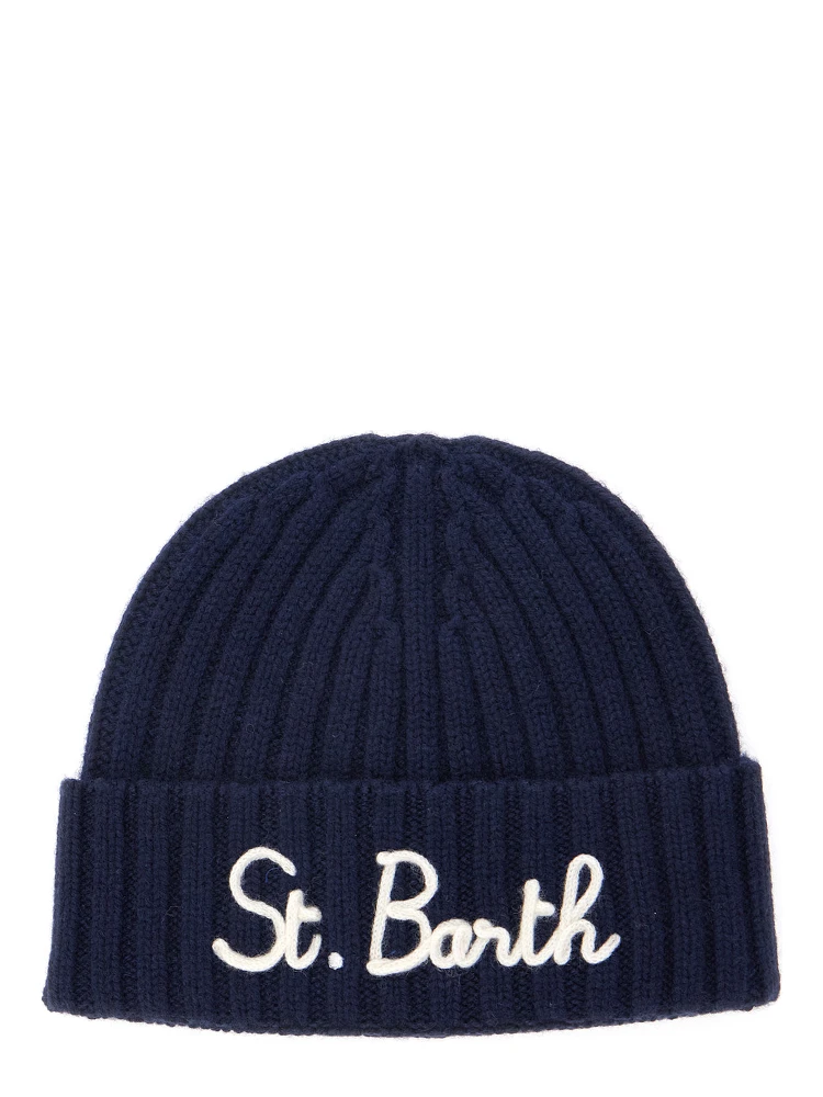 Blue Ribbed Beanie with Embroidered Logo on the Front in Wool Boy