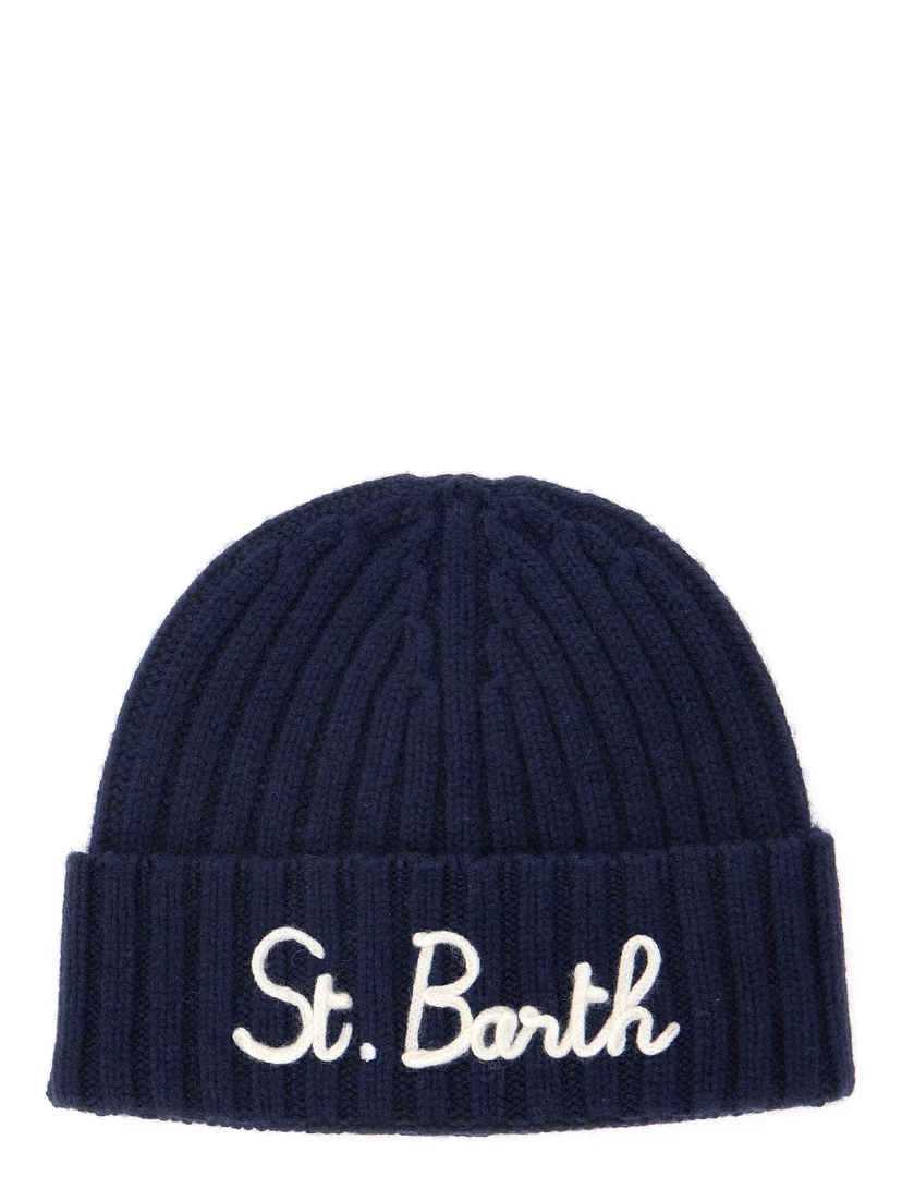 Blue Ribbed Beanie with Embroidered Logo on the Front in Wool Boy