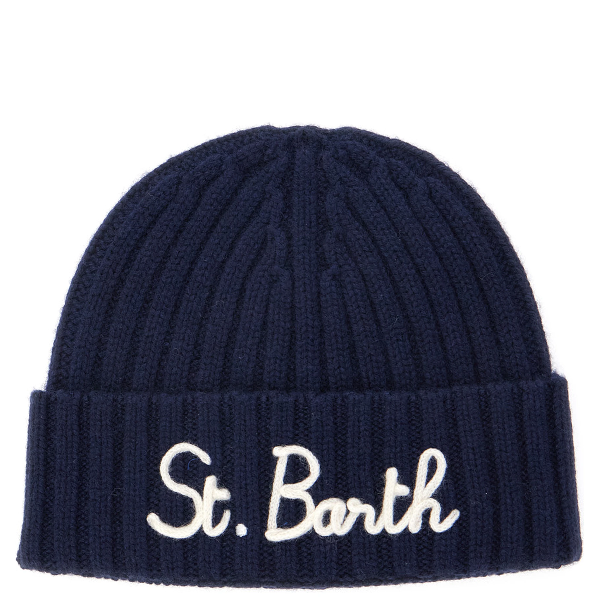 Blue Ribbed Beanie with Embroidered Logo on the Front in Wool Boy