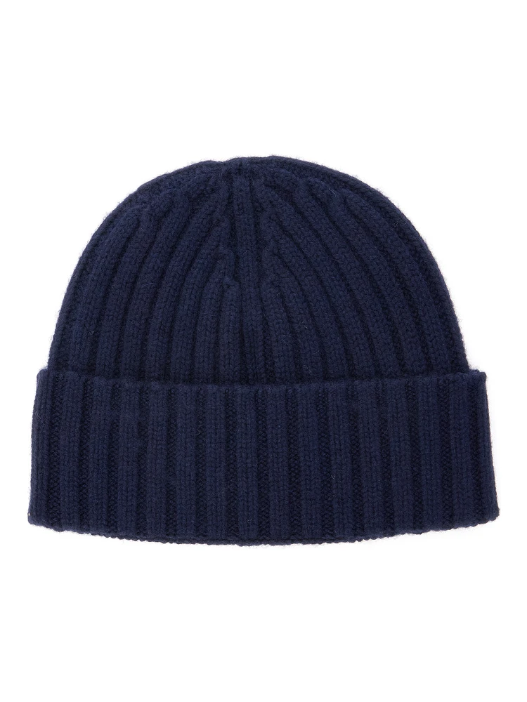 Blue Ribbed Beanie with Embroidered Logo on the Front in Wool Boy alternative