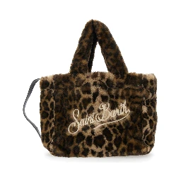 Colette Brown Handbag with Logo Lettering on Front and Back and Leopard Print in Faux Fur Girl