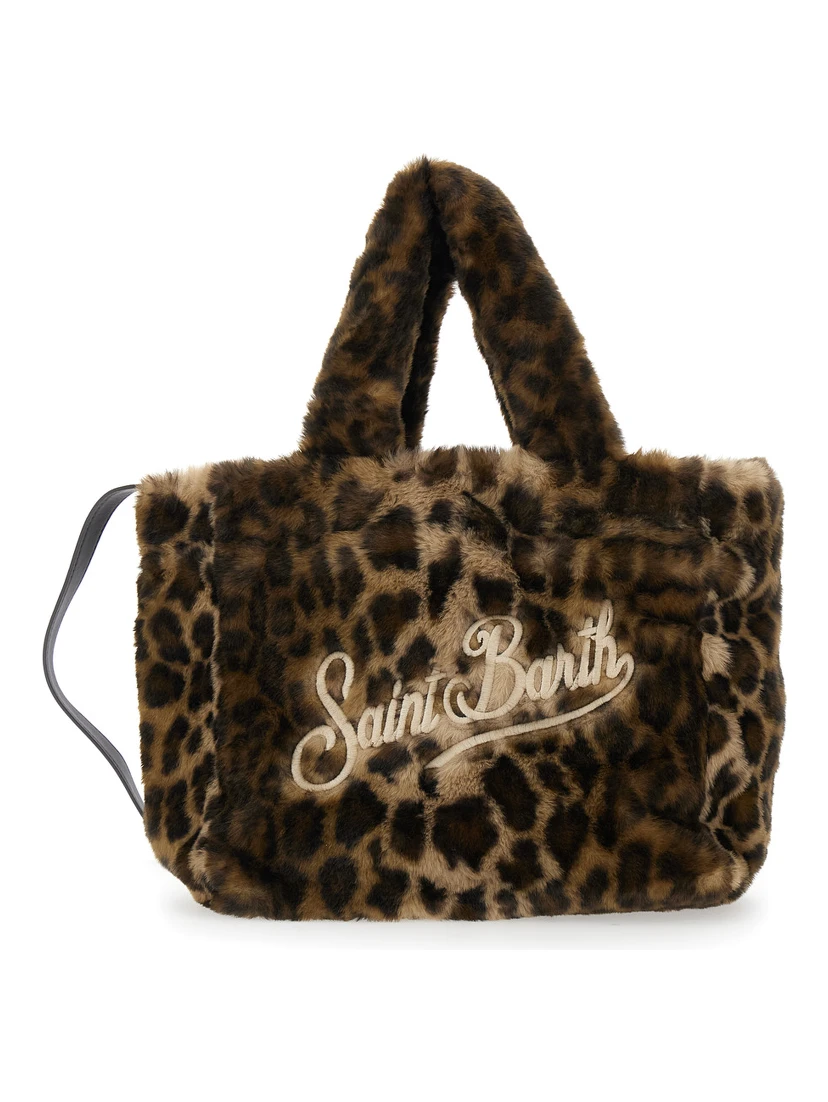 Colette Brown Handbag with Logo Lettering on Front and Back and Leopard Print in Faux Fur Girl