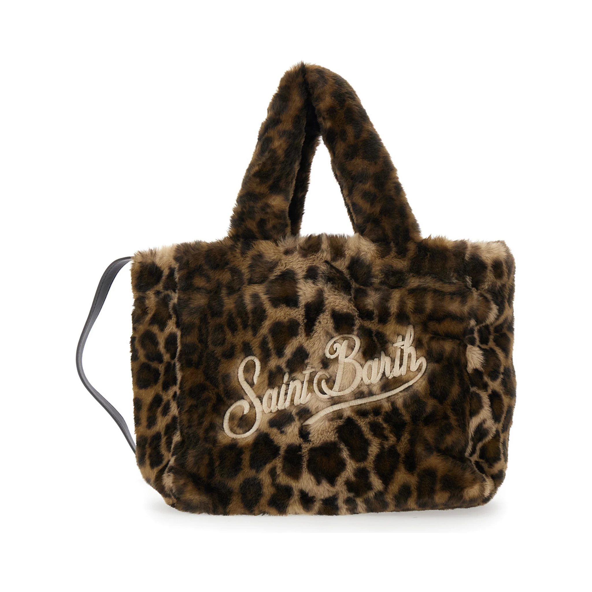 Colette Brown Handbag with Logo Lettering on Front and Back and Leopard Print in Faux Fur Girl