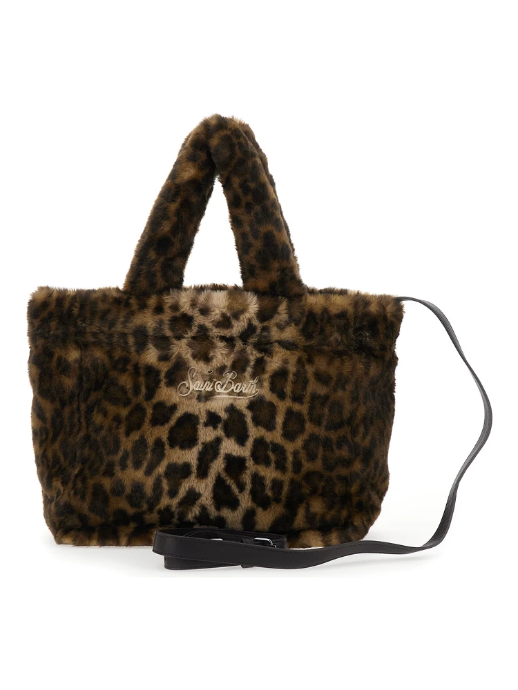 Colette Brown Handbag with Logo Lettering on Front and Back and Leopard Print in Faux Fur Girl alternative