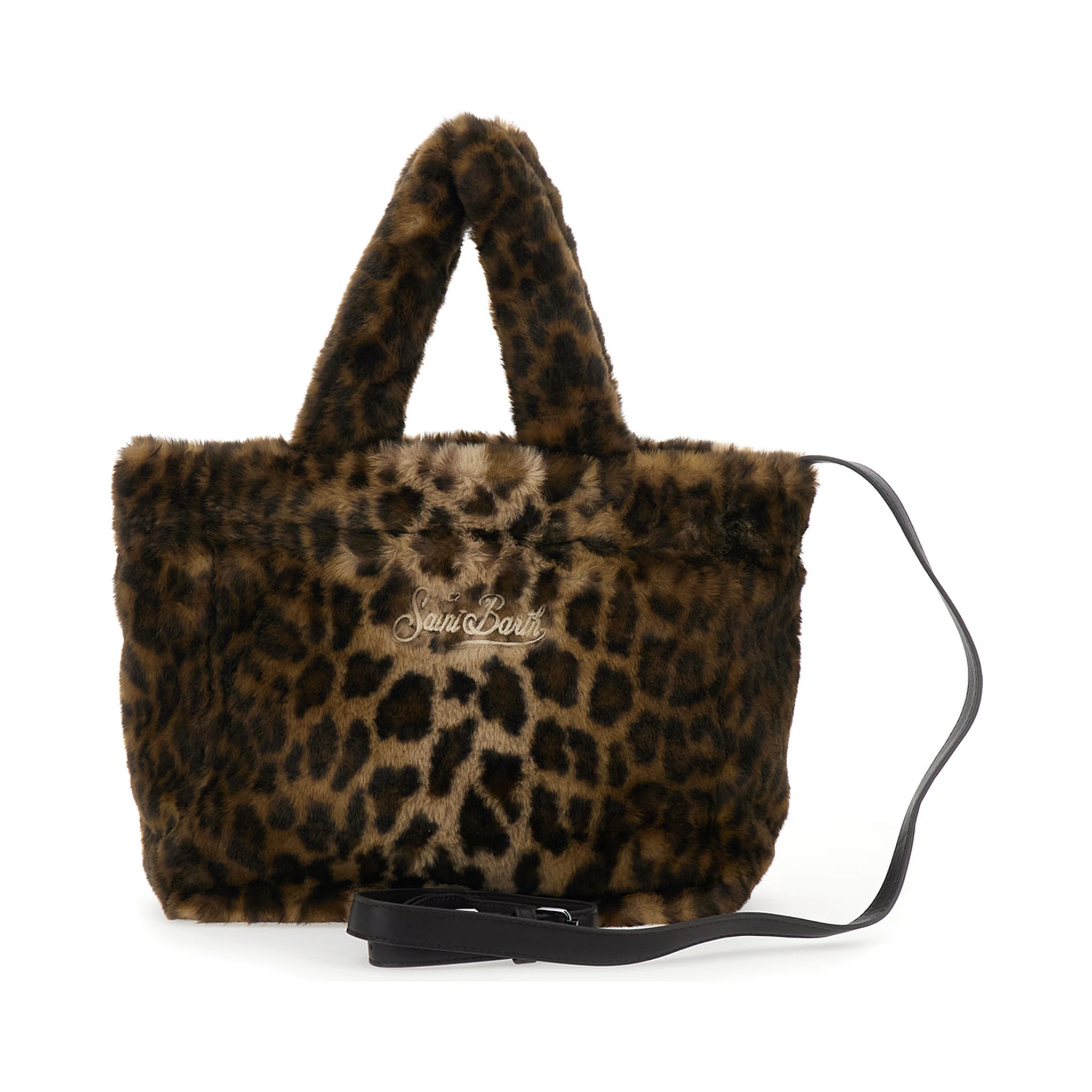 Colette Brown Handbag with Logo Lettering on Front and Back and Leopard Print in Faux Fur Girl