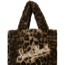 Colette Brown Handbag with Logo Lettering on Front and Back and Leopard Print in Faux Fur Girl