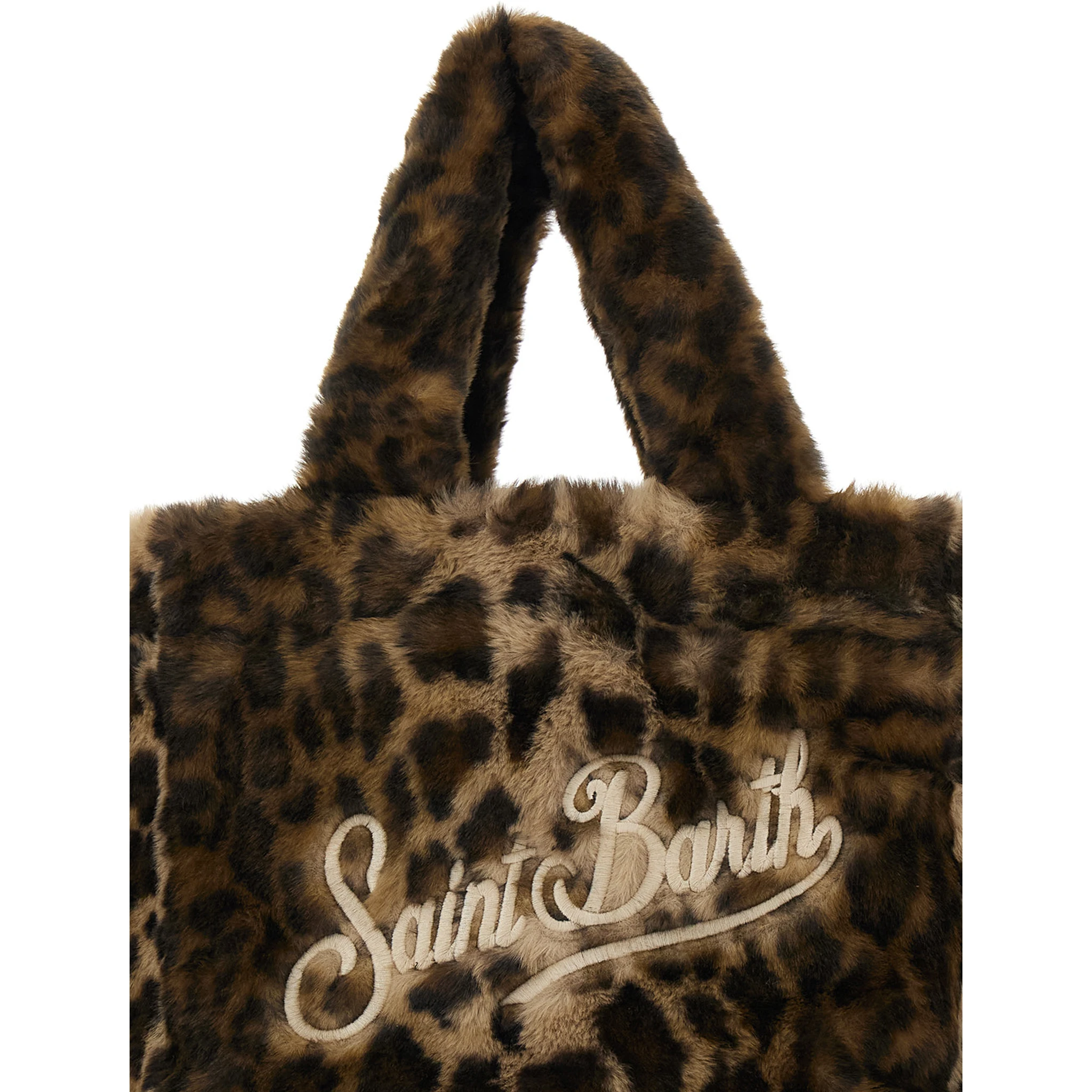Colette Brown Handbag with Logo Lettering on Front and Back and Leopard Print in Faux Fur Girl
