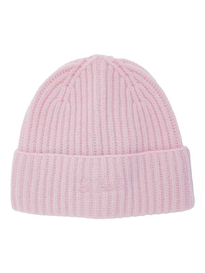 Pink Ribbed Beanie with Embroidered Logo on the Front in Wool Girl