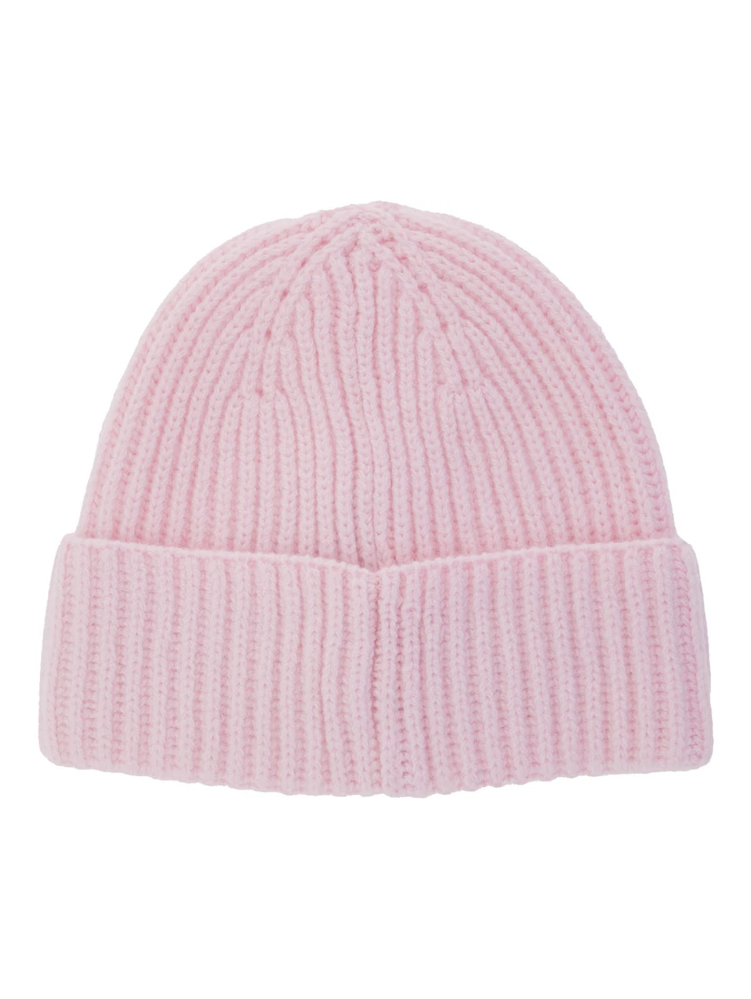 Pink Ribbed Beanie with Embroidered Logo on the Front in Wool Girl