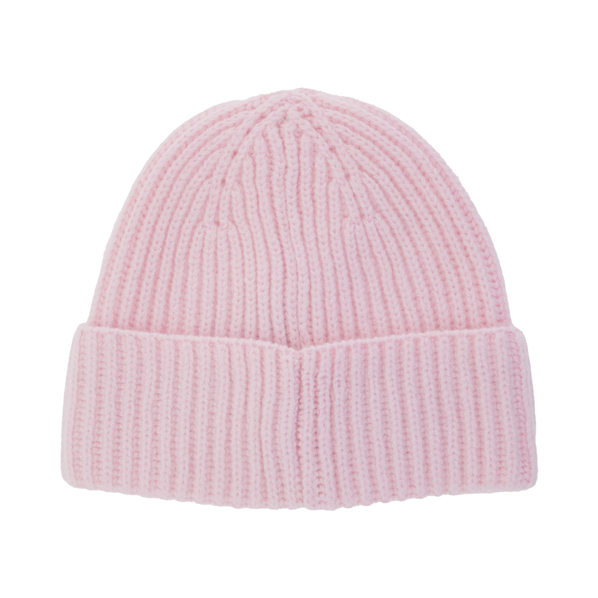 Pink Ribbed Beanie with Embroidered Logo on the Front in Wool Girl