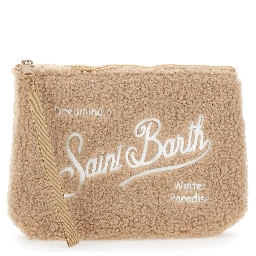 Aline Beige Clutch Bag with Teddy Effect and Maxi Logo Lettering on the Front and Back in Fabric Girl