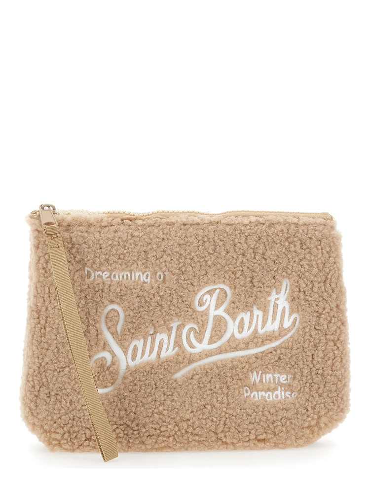 Aline Beige Clutch Bag with Teddy Effect and Maxi Logo Lettering on the Front and Back in Fabric Girl